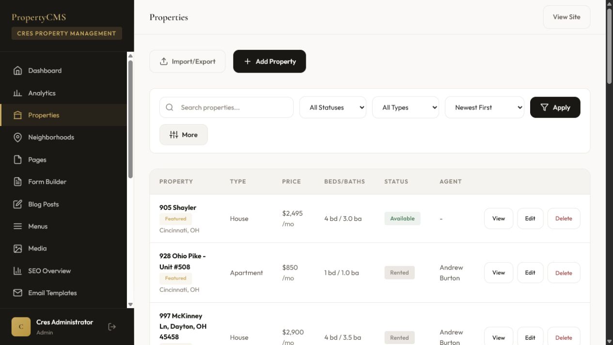 Tenant property workspace with import, filters, inventory status, pricing, and editing actions